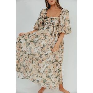 Worth Collective NWT melody maxi dress pleats bow tie M champagne floral